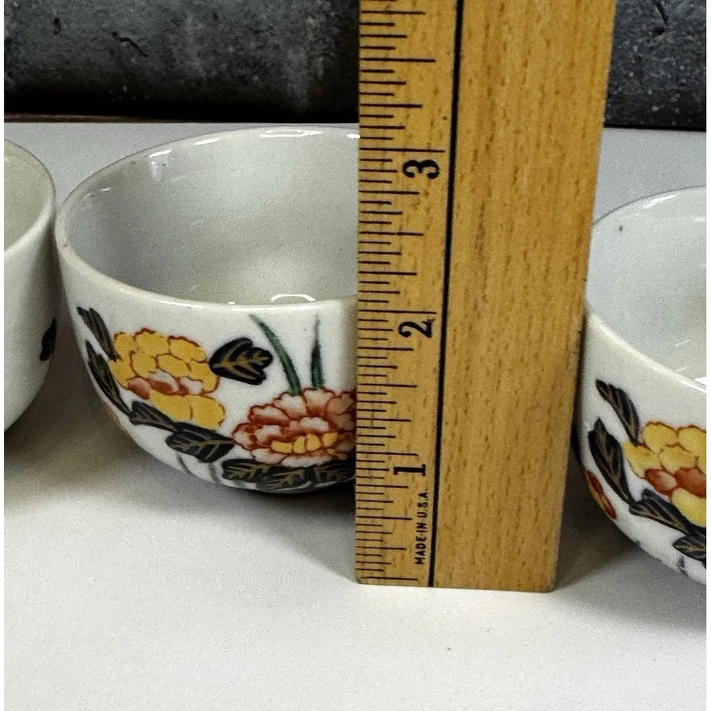 Japanese Tea Cups Sake Set of 3 Vintage Floral Orange Yellow‎ Gold Asian